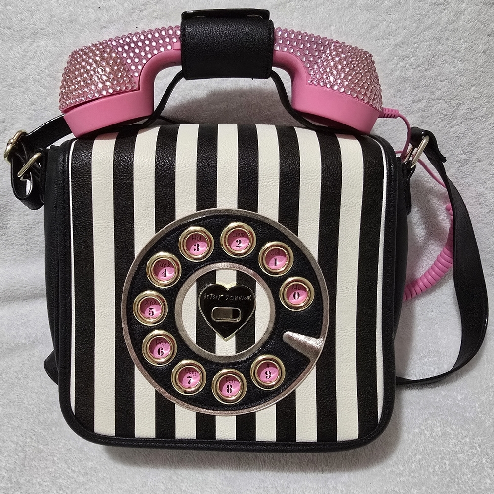 Betsey Johnson Black and White Striped Phone Shoulder Bag